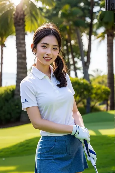 Highly detailed CG Unity 8K wallpapers, With the highest quality, Very detailed, masterpiece, Realistic, Realistic photos, Very detailedかわいい女の子,  alone、thin,  (Golf Wear) , (Golf Mini Flare Skirt) , (have a golf driver),  (Wearing golf gloves)、smile , thin...