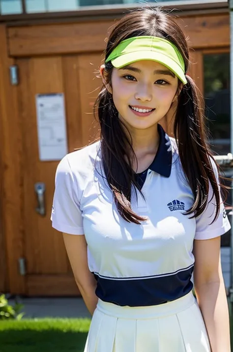 Highly detailed CG Unity 8K wallpapers, With the highest quality, Very detailed, masterpiece, Realistic, Realistic photos, Very detailedかわいい女の子,  alone、thin,  (Golf Wear) , (Golf Mini Flare Skirt) , (have a golf driver),  (Wearing golf gloves)、smile , thin...