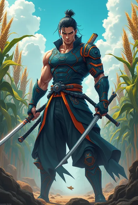 Anime warrior man with swords and a phone in his hand and corn