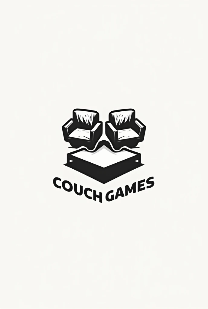 I want a logo for a video game company, that they have a two-person chair resting sideways on a box, and with the text "Couch Games" With a minimalist style in black and white 2D(as drawn) head on.