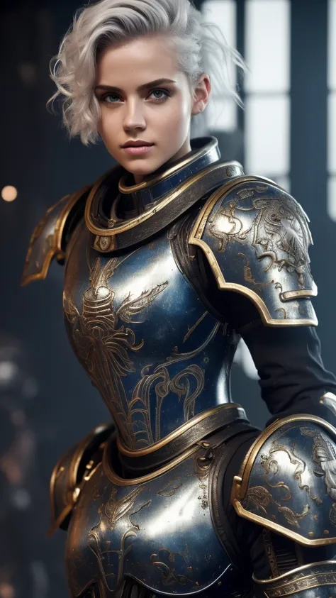 1girl, short messy platinum hair, tired grey eyes, pretty face, slim body, professional hairstyle, (best quality, 4k, 8k, highres, masterpiece:1.2), ultra-detailed, warhammer space marine terminator armor, female terminator armor