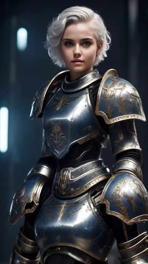 1girl, short messy platinum hair, tired grey eyes, pretty face, slim body, professional hairstyle, (best quality, 4k, 8k, highres, masterpiece:1.2), ultra-detailed, warhammer space marine terminator armor, female terminator armor