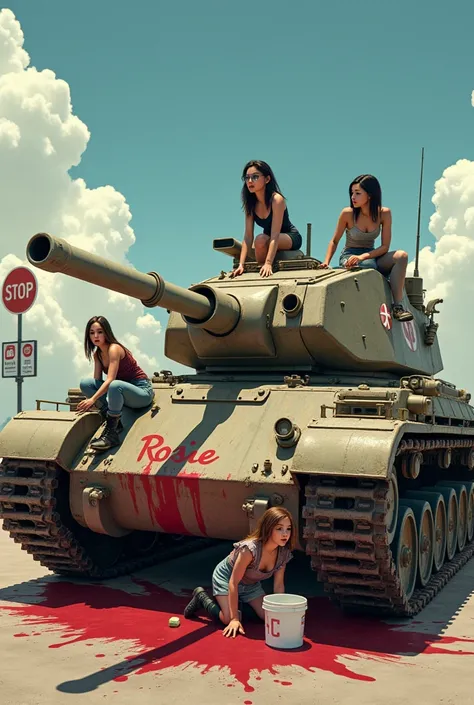 Beautiful women are cleaning a huge worn-out military tank covered in blood stains. They are scattered around the machine: A woman is lying on top of the tank, Another is leaning forward cleaning one of the stains, while two more stand on the sides, workin...