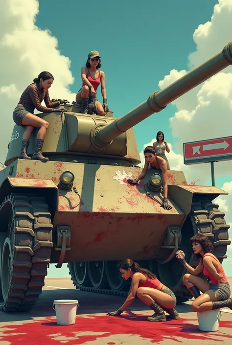 Beautiful women are cleaning a huge worn-out military tank covered in blood stains. They are scattered around the machine: A woman is lying on top of the tank, Another is leaning forward cleaning one of the stains, while two more stand on the sides, workin...