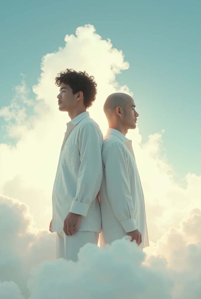 A 2D picture of 2 white man standing back to back on a cloud one white shoulder length black type 2 curly hair and the other one  with a bald 
