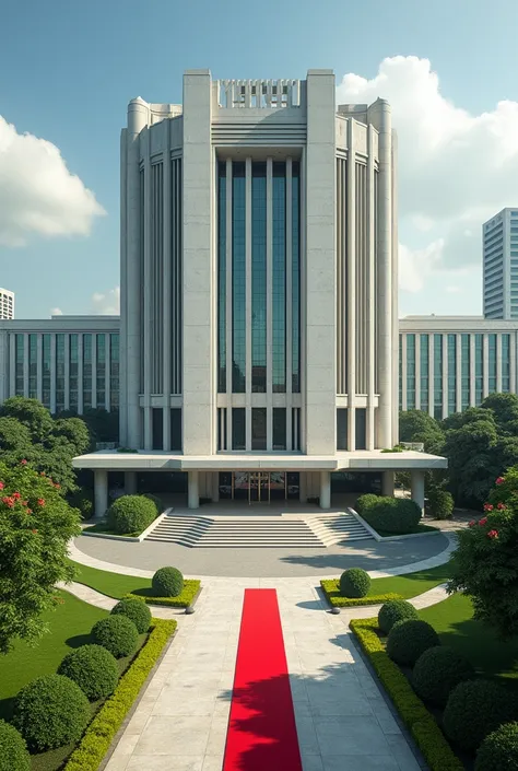 Create a very big headquarters with Singaporean architecture.The compound has grass,tarmac road and Flowers only.Nexus Global Embassy exposed on the building concrete and red carpets on the entrance I cant see the words the words are the most important 