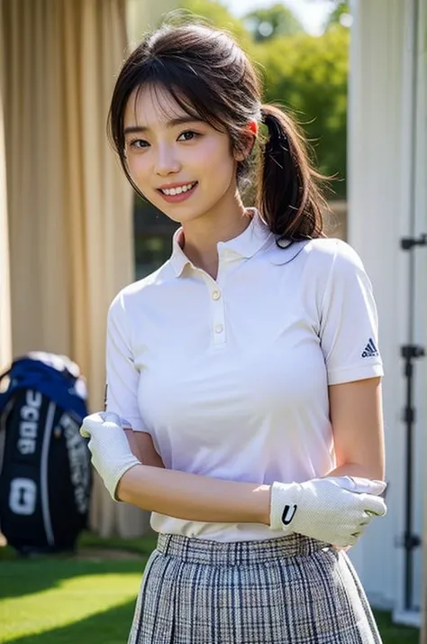 Highly detailed CG Unity 8K wallpapers, With the highest quality, Very detailed, masterpiece, Realistic, Realistic photos, Very detailedかわいい女の子,  alone、thin,  (Golf Wear) , (Golf Mini Flare Skirt) , (Wearing golf gloves)、smile , thin body, Large Breasts、Vi...