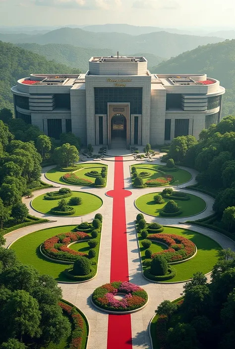 Create a very big headquarters with Singaporean architecture.The compound has grass,tarmac road and Flowers only.Nexus Global Embassy exposed on the building concrete and red carpets on the entrance I cant see the words the words are the most important NEX...