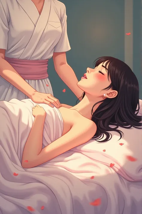 Girl getting massaged naked, anime styling 