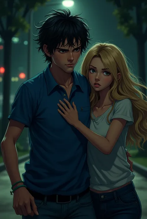 Man with black hair and blue polo shirt is completely drunk and looks stupidly into the picture Girl with long blonde hair tries to pull him back both are outside in a dark park in the city 