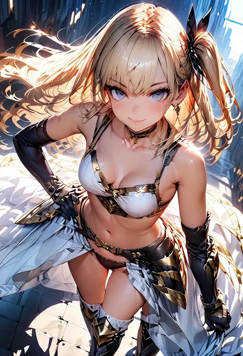 (masterpiece),(best quality),(ultra-detailed),(best illustration),(best shadow),(absurdres),(detailed background),(very aesthetic), 1girl, solo, ((blonde-hair)), armor, blue-eyes, navel, full-body, boots, panties, high-heels, underwear, gloves, breasts, lo...