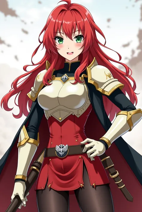 Do it in anime style and in a scenario of destruction in a castle and her in combat posture, Human 17 Skyler is a beautiful girl with long straight hair, of a vibrant red hue, that have wavy locks, providing it with volume. Her bangs are wavy and slightly ...