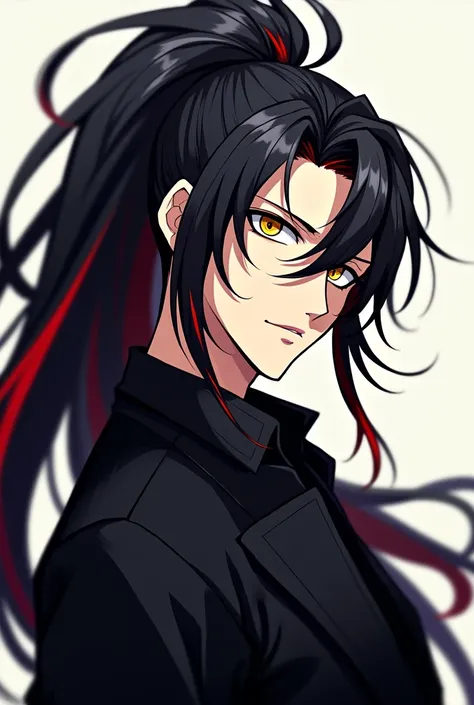 Create a white MALE anime style character with long, voluminous black hair tied in a ponytail with some red streaks and yellowish eyes and wearing a black coat