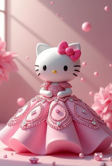 Hello kitty wearing a pink quinceanera dress. Colors are pink, white and gold. Pink puffy dress with gems, pearls, and diamonds. Cartoon body and hands.