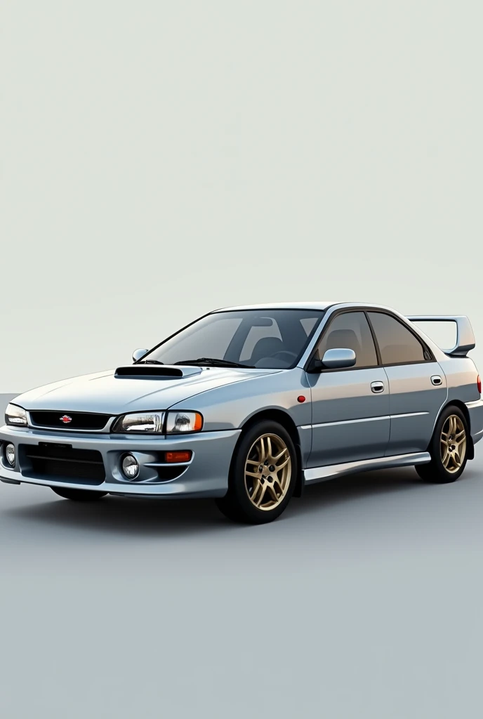 (photorealism:1.2), Subaru, impreza gc8, 1999, facelift, 4 door, grey 
color code lx7r, sideview, small wrx spoiler,