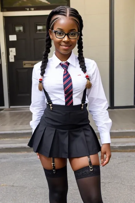 young cute black girl in school uniform, very short skirt, stockings and suspenders, full length body picture, glasses, long braided hair 