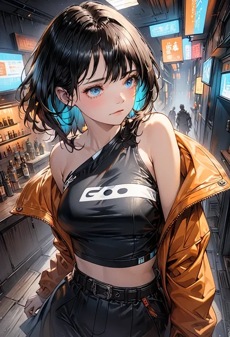 illustration, detailed illustration, ultra detailed, dynamic angle, cyberpunk, 50 year old woman, medium black hair, hair with cyan streaks, mismatched eyes, orange eye, blue eye, lean, medium breasts, black leather top, orange leather jacket, tired expres...