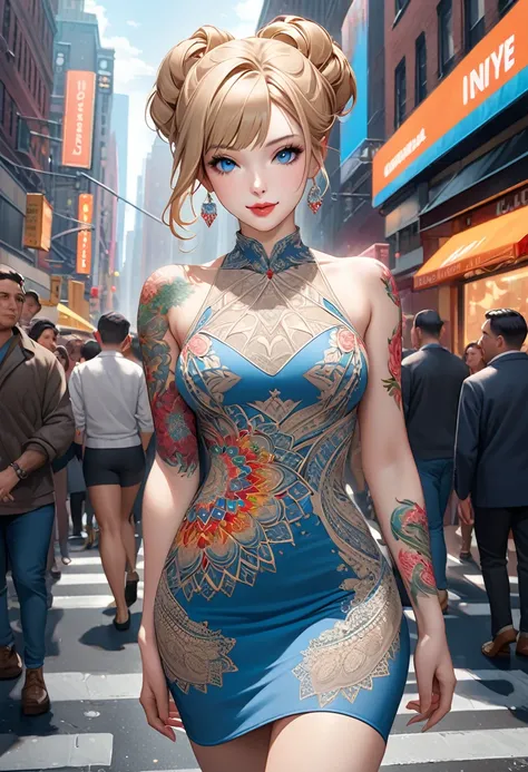 Late 30s woman, Sandy blonde hair in a messy bun, small bust, (colored mandala tattoos:1.37), (wearing a bodycon dress), 1/4 turned away, dynamic catwalk strutting in a crowded NYC street, (wide angle:1.27) (full length portrait), 8k, photorealistic master...