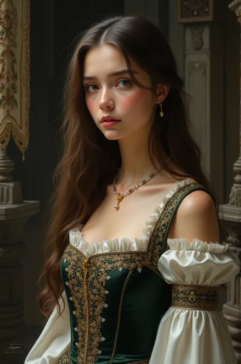 Girl with brown hair and black eyes wearing a medieval dress