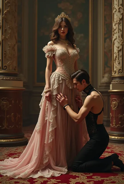 Dominatrice en robe de princesse avec un homme.