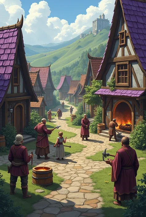 men, women, elves and dwarves working in a medieval setting, some fishing, others mining, other blacksmiths. They are in the field where there are some houses with purple details