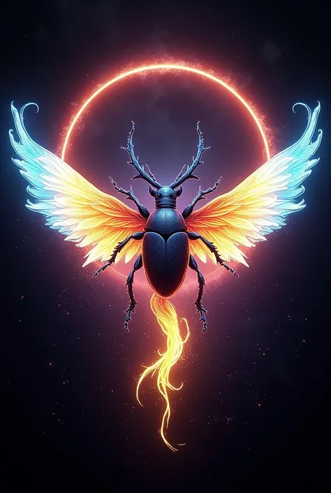 Create a Japanese style logo based on a kephri beetle projecting auras or ki from its outstretched wings using the colors fire orange, Light blue and lemon yellow with a background that fades from black to purple from the center outwards. Surrounding the i...