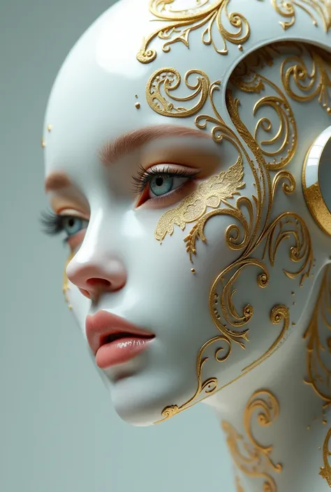 A close-up of a porcelain-like woman Cyborg head with intricate gold filigree patterns adorning the white surface. The design features swirling, organic shapes and delicate details reminiscent of baroque or art nouveau styles. The mannequin has realistic e...