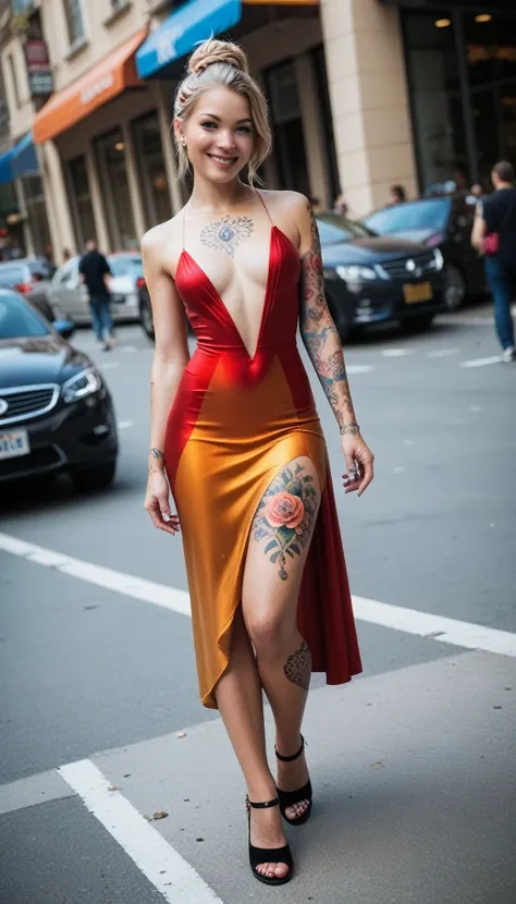 Late 30s woman, Sandy blonde hair in a messy bun, small bust, (colored mandala tattoos:1.37), (wearing a bodycon dress), 1/4 turned away, dynamic catwalk strutting in a crowded NYC street, (wide angle:1.27) (full length portrait), 8k, photorealistic master...