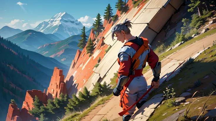 "A warrior meditating on a high ground with a vast and inspiring landscape in the background, symbolizing the maintenance of a positive mindset, in a realistic, high-definition 16:9 format."