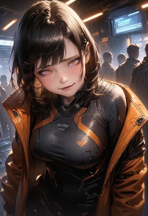 illustration, detailed illustration, ultra detailed, dynamic angle, cyberpunk, 50 year old woman, medium black hair, hair with cyan streaks, mismatched eyes, orange eye, blue eye, lean, medium breasts, black leather top, orange leather jacket, tired expres...