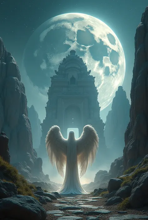 digital art featuring a surreal, otherworldly landscape. The layout is centered around a large winged angel of an angelic figure with detailed, feathered wings spread wide. The figure stands on a rocky path leading to an ancient temple-like structure with ...