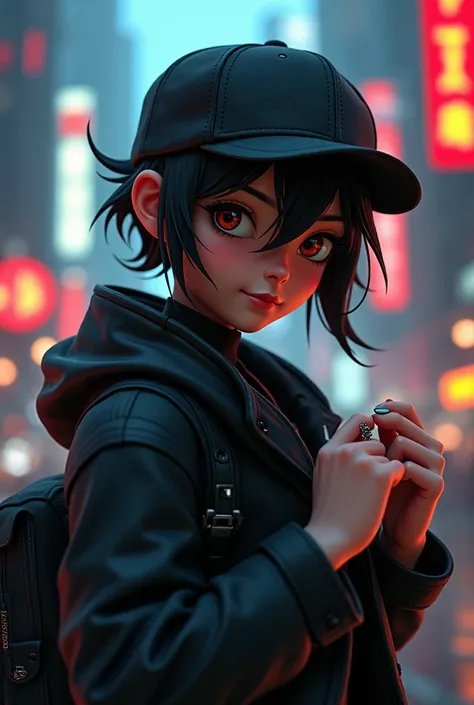 Cyberpunk animated character with a short beard and a black cap, egocentric face, with hair in one hand and a barrette in the other hand