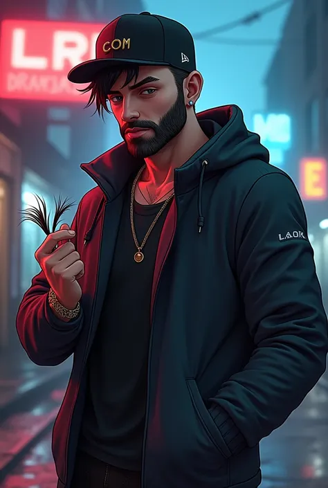 Cyberpunk animated character with a short beard and a black cap, egocentric face, with hair in one hand and a frank in his other hand