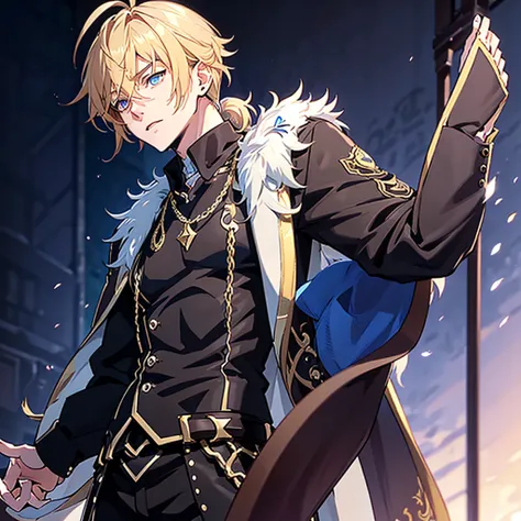 Anime attractive man, 20 year old, blonde hair, very very short ponytail, tall, muscular, solo, one person, light blue gold-accented, high-collared dress shirt, black choker, dark blazer with gold lining and buttons unbuttoned, long dark overcoat with a fu...