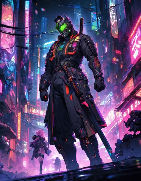 A vibrant image of Neon Ronin, futuristic black samurai, dressed in armor with neon accents. He stands tall, with a naked katana, pulsating energy, in the face of darkness, cyberpunk cityscape with tall skyscrapers and cascading neon lights. The atmosphere...