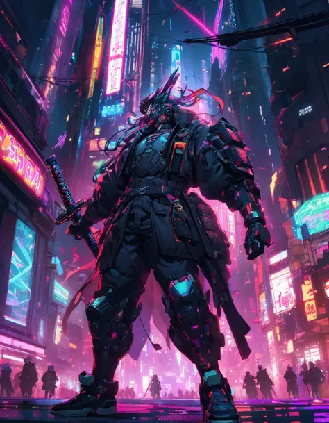 A vibrant image of Neon Ronin, futuristic black samurai, dressed in armor with neon accents. He stands tall, with a naked katana, pulsating energy, in the face of darkness, cyberpunk cityscape with tall skyscrapers and cascading neon lights. The atmosphere...