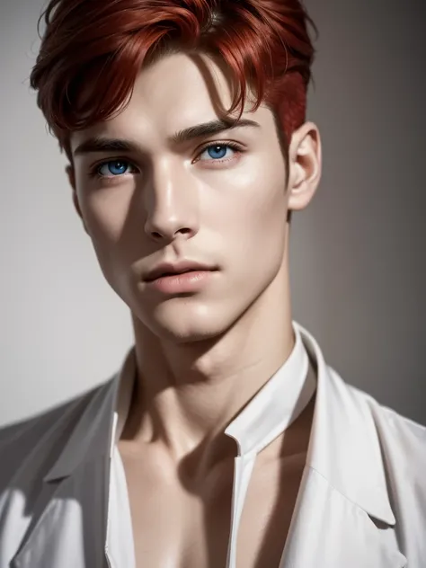 (absurdres, highres, ultra detailed, Ultra HD), Portrait of a very handsome boy, (wearing a red colour silk open shirt), red hair, Moican haircut, golden ratio, (high detailed skin:1.2), 8k uhd, dslr, soft lighting, high quality, film grain, Fujifilm XT3, ...