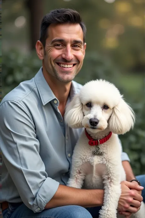 a 2 white man with short black hair, with his white female poodle with a red collar with a sign with the name Hanna