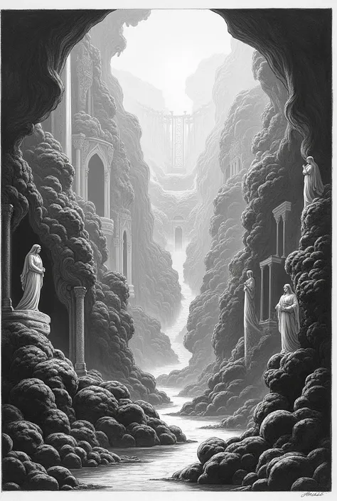 A black and white drawing of paradise from the Divine Comedy 