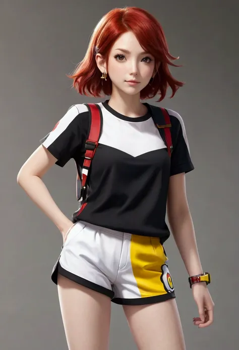 a pokemon trainer with red hair, with a black t-shirt with a pokeball symbol, wearing white shorts with yellow stripes.
