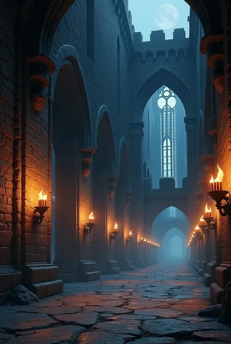 Create a background image like the interior of an old castle with torches near the windows