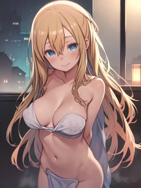 One Woman、Completely naked、(Naked Towel)、Upper Body、Angle from the front、Front view、Standing shyly、Smiling、blush、Blonde Hair、long hair、Hair between the eyes、Blue Eyes、Big Breasts、Huge breasts、Large areola、Nipples、belly button、Thick pubic hair、Wear a towel、...