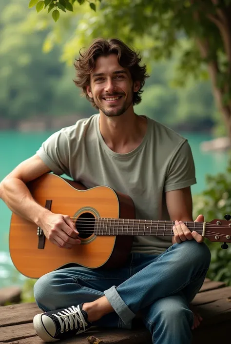 casual man sitting with guitar 