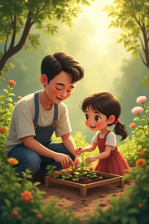 A father teaching his daughter how to plant in the garden