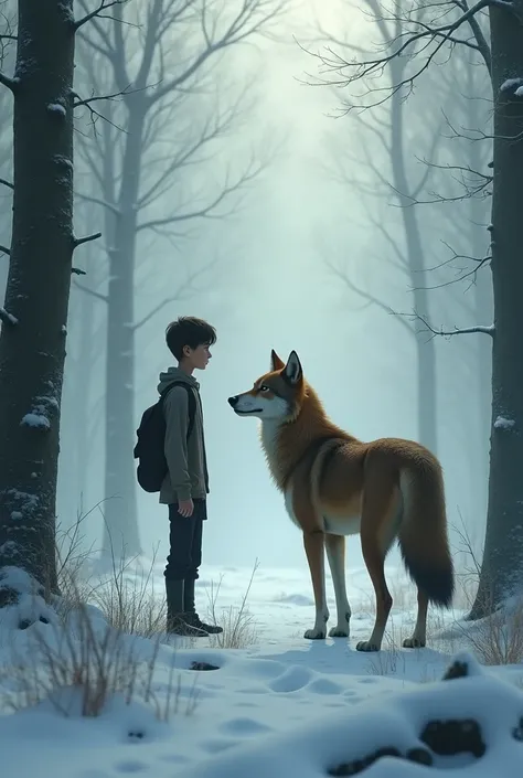 A tall boy, thin and with slightly marked features, next to a brown-furred wolf. background, There is a forest covered in fog in a snowstorm