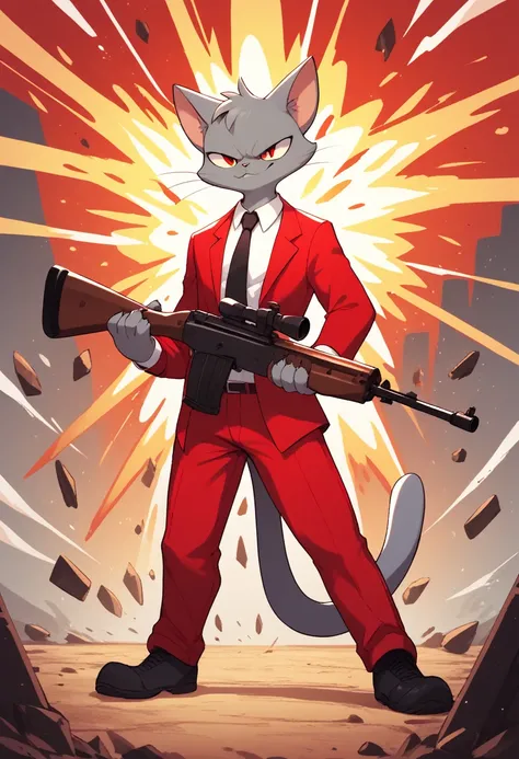 score_9, score_8_up, 1character, cat, gray fur, wearing a red suit, white shirt, black tie, red pants, half-open eyes, smirk, holding a rifle, in front of a explosion, full body, alone