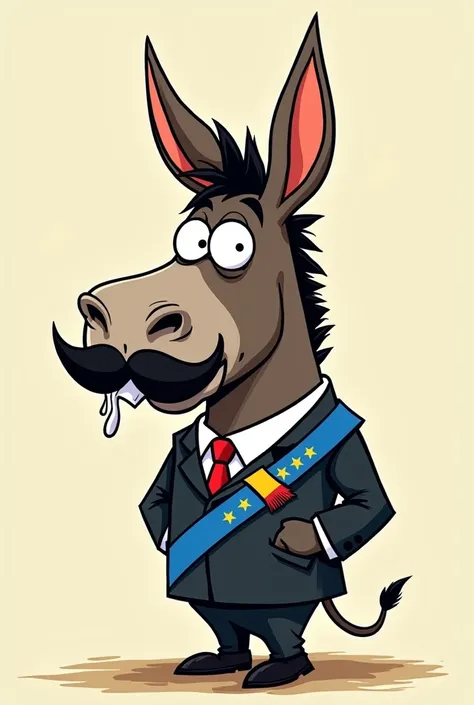 Create a cartoon image of a drooling Maduro donkey with a Stalin mustache dressed in a suit with the blue presidential sash, yellow and red