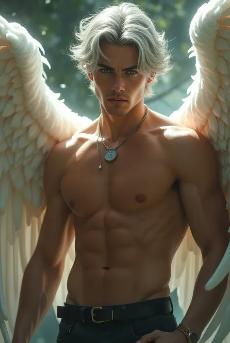 man who is 20 years old, Masculine traits. the man is handsome, silver colored hair, hunting green eyes, beautiful angels, hot body , sexy body, sexy passionate