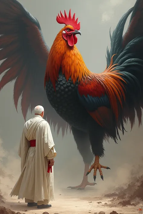 a strong and imposing avenging rooster standing facing an old man with white hair wearing white clothes with red details without symbols.