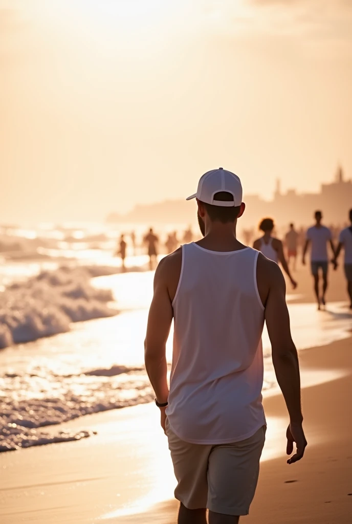 A back shot of a guy walking at a beach, hes wearing a white tank top, a white cap. Sunny day. There are other people in the background too, a pink tone in the frame. 